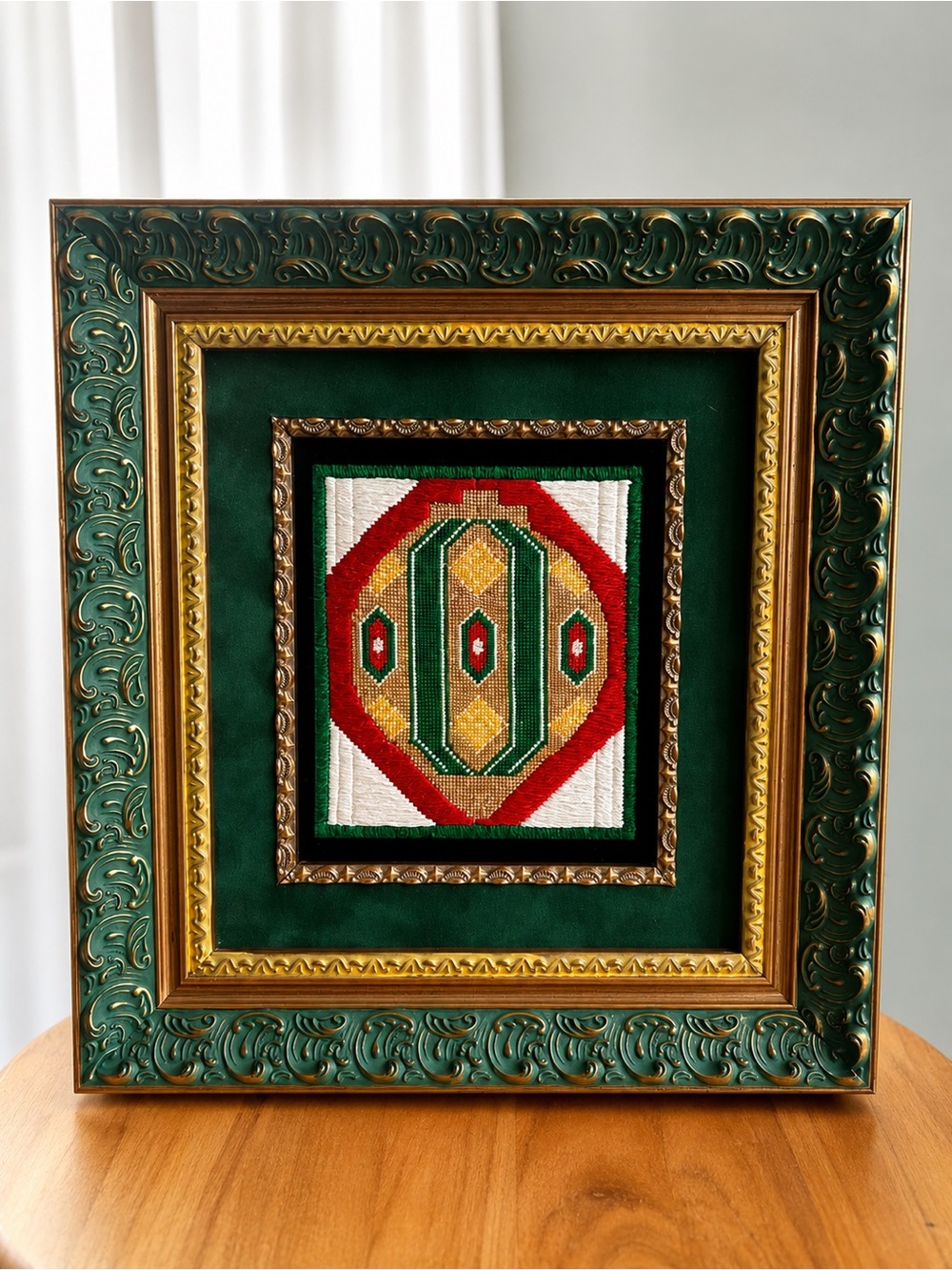 Framed Needlepoint Textile Art Green Gold Geometric Wall Decor 12x13 unique
